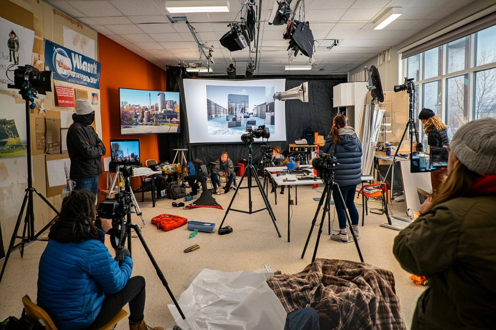 A small newsroom team gathered around a screen discussing coverage