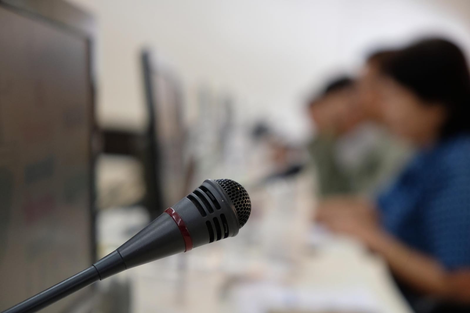 Close-up of a microphone in the Cairnpost office